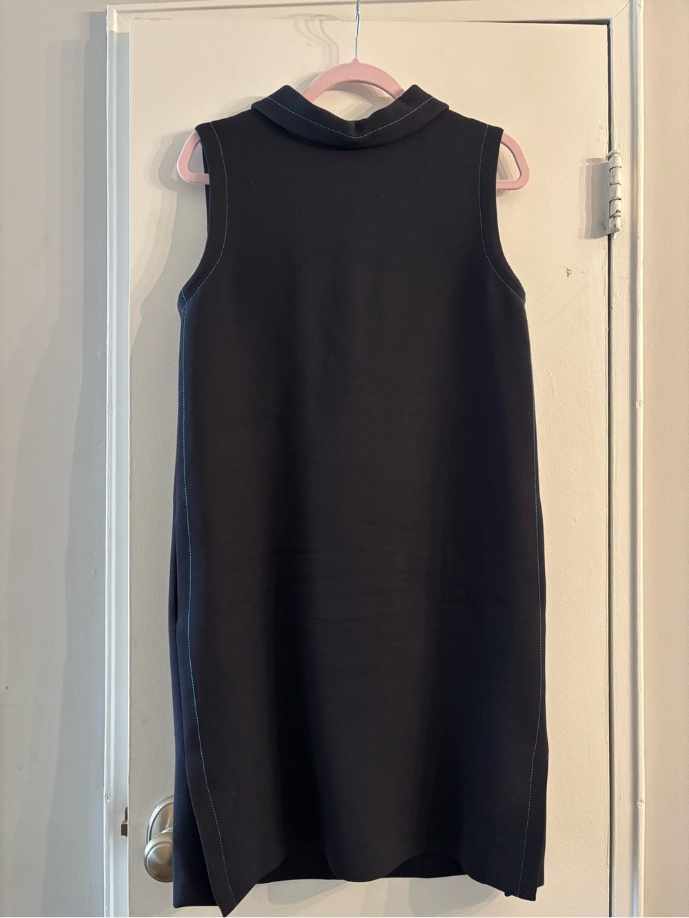 Marni navy virgin wool/silk Sleeveless shift Dress with Mock Neck Classic pocket